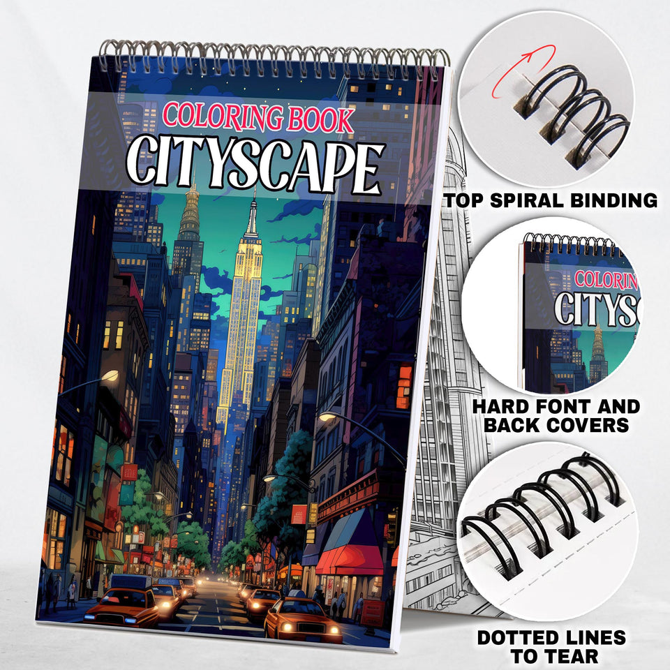 Cityscape Spiral-Bound Coloring Book: 30 Dynamic Coloring Pages of Bustling Cityscapes