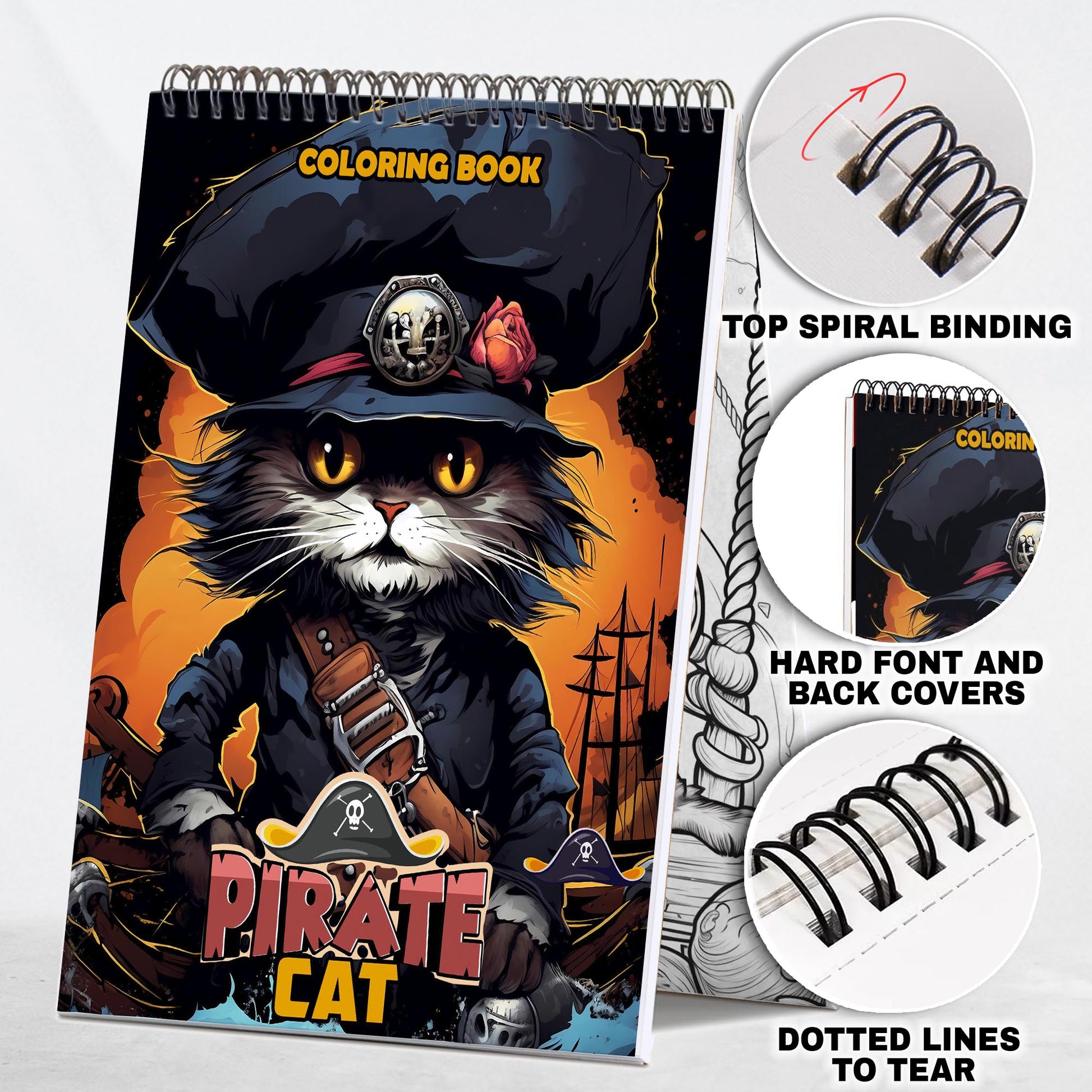 Pirate Cat Coloring Book (Grayscale) Spiral Bound Coloring Book: 30 Charming Pages for Coloring Enthusiasts to Embrace the Shadows, Textures, and Details of the Pirate Cat's Adventures