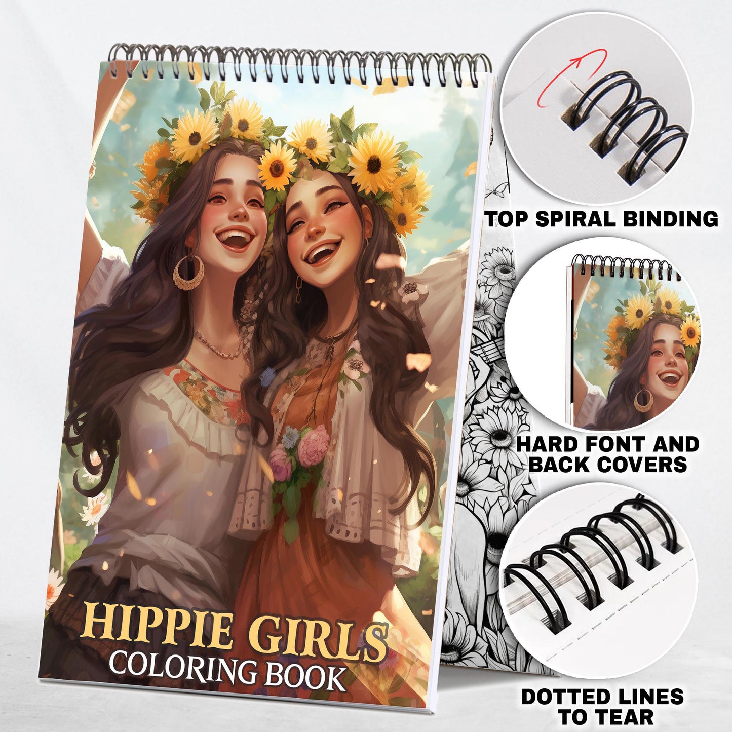 Hippie Girls Spiral Bound Coloring Book: 30 Whimsical Coloring Pages of Hippie Girls