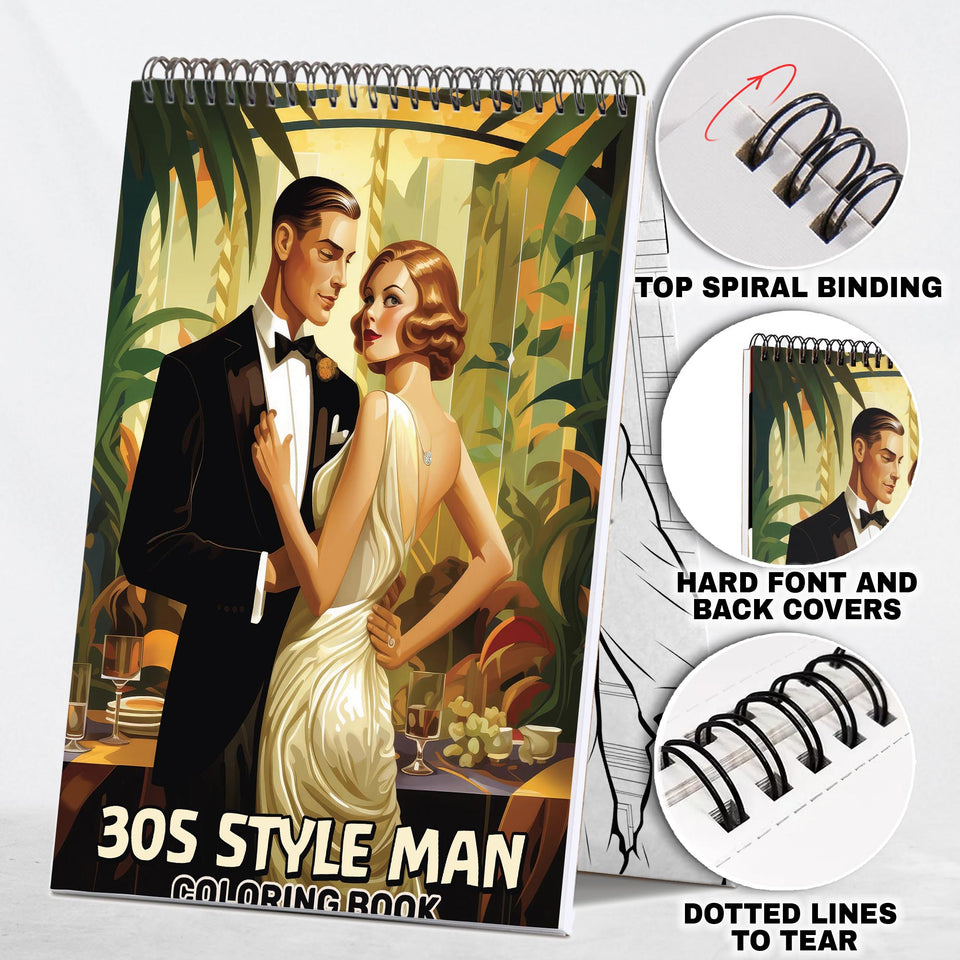 30s Style Man Spiral Bound Coloring Book: 30 Enchanting Coloring Pages, Unleashing Your Creativity in the World of 1930s Fashion
