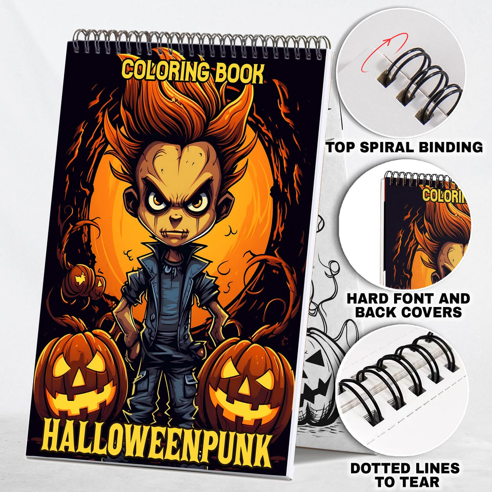 Halloweenpunk Spiral Coloring Book: 30 Coloring Pages, Fusing the Spookiness of Halloween with Punk Attitude