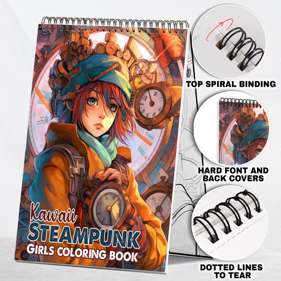 Kawaii Steampunk Girls Spiral Coloring Book: 30 Magical Coloring Pages, Depicting Cute Steampunk Girls Engaged in Mysterious and Imaginative Adventures