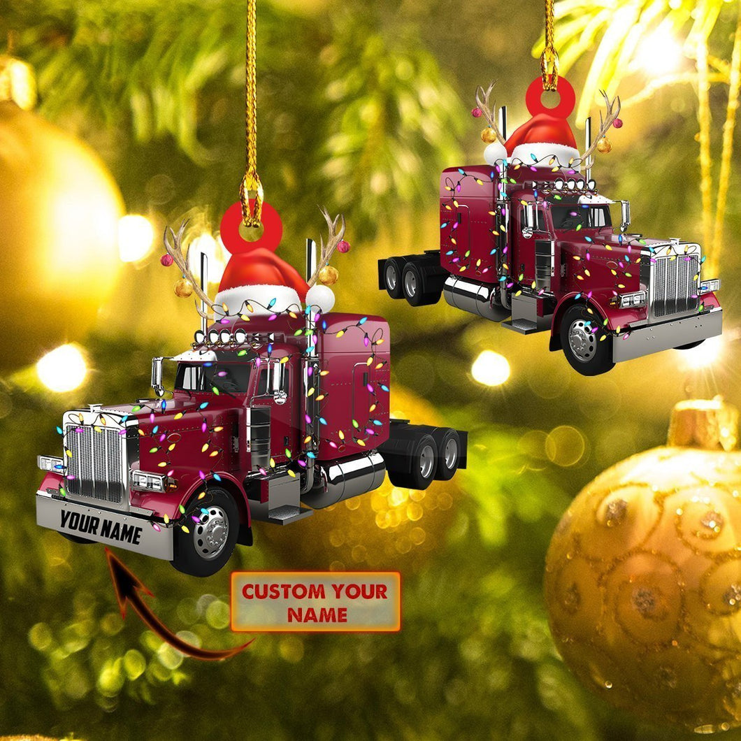 Custom Name Red Christmas Truck Car Ornament - Gift for Trucker