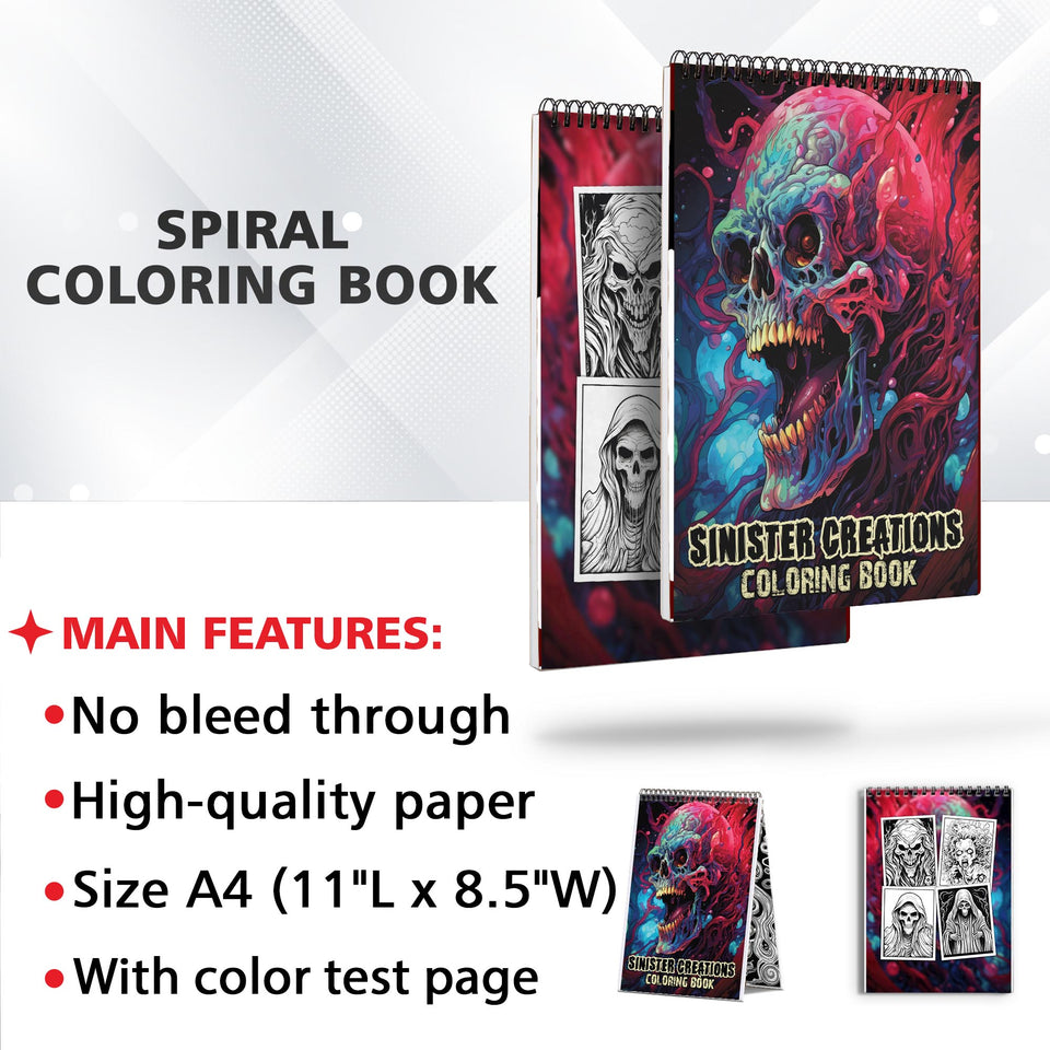 Sinister Creations Spiral Bound Coloring Book: Explore the Shadowy Realms of Dark Artistry with this Sinister Coloring Book for Thrill-Seekers and Horror Enthusiasts