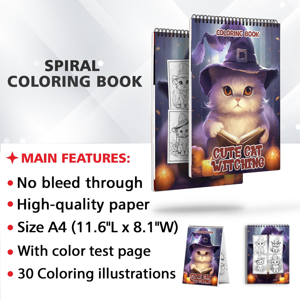 Cute Cat Witching Spiral-Bound Coloring Book: 30 Charming Pages Filled with Enchanting Tales of Cute Cat Witchery