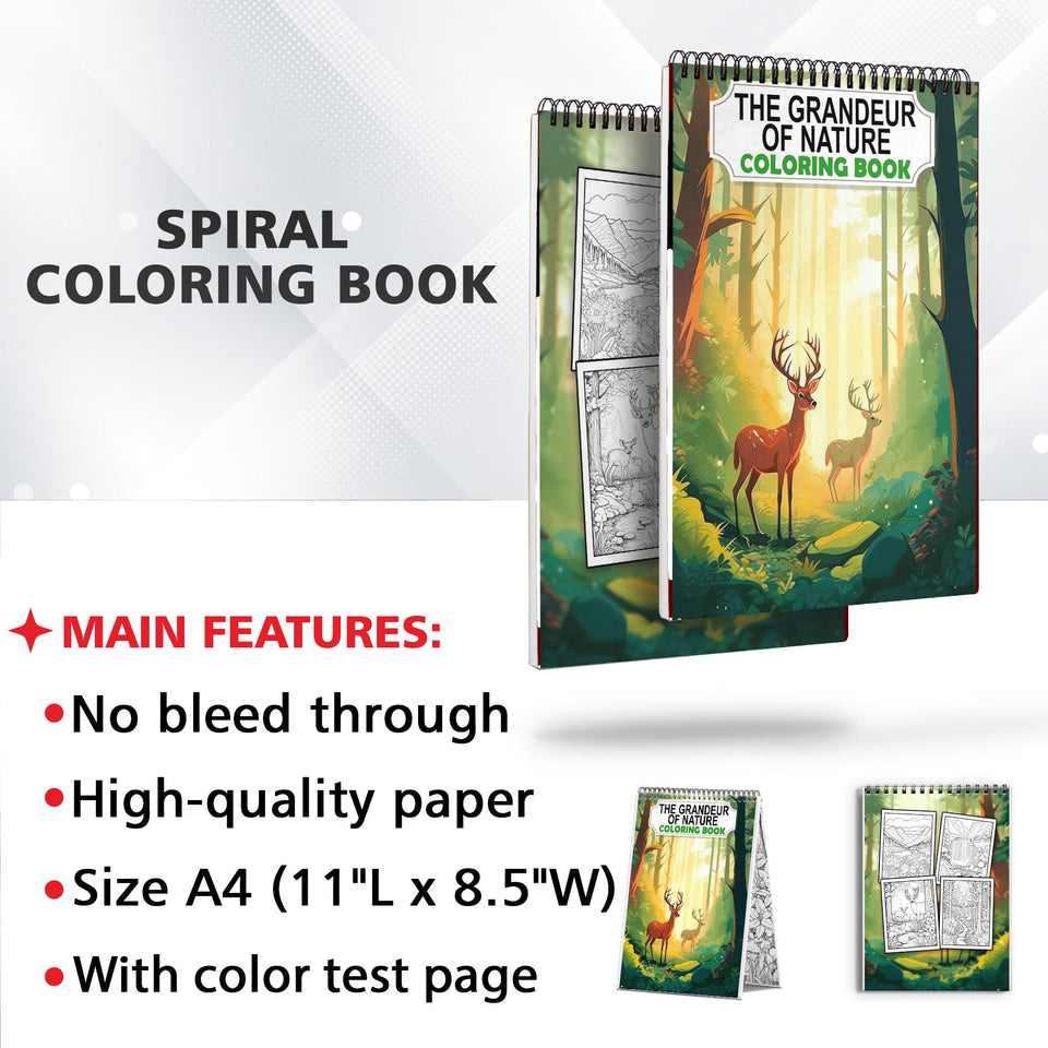 The Grandeur of Nature Spiral Coloring Book: 30 Captivating Coloring Pages for Nature and Art Lovers to Create Stunning and Imaginative Artwork