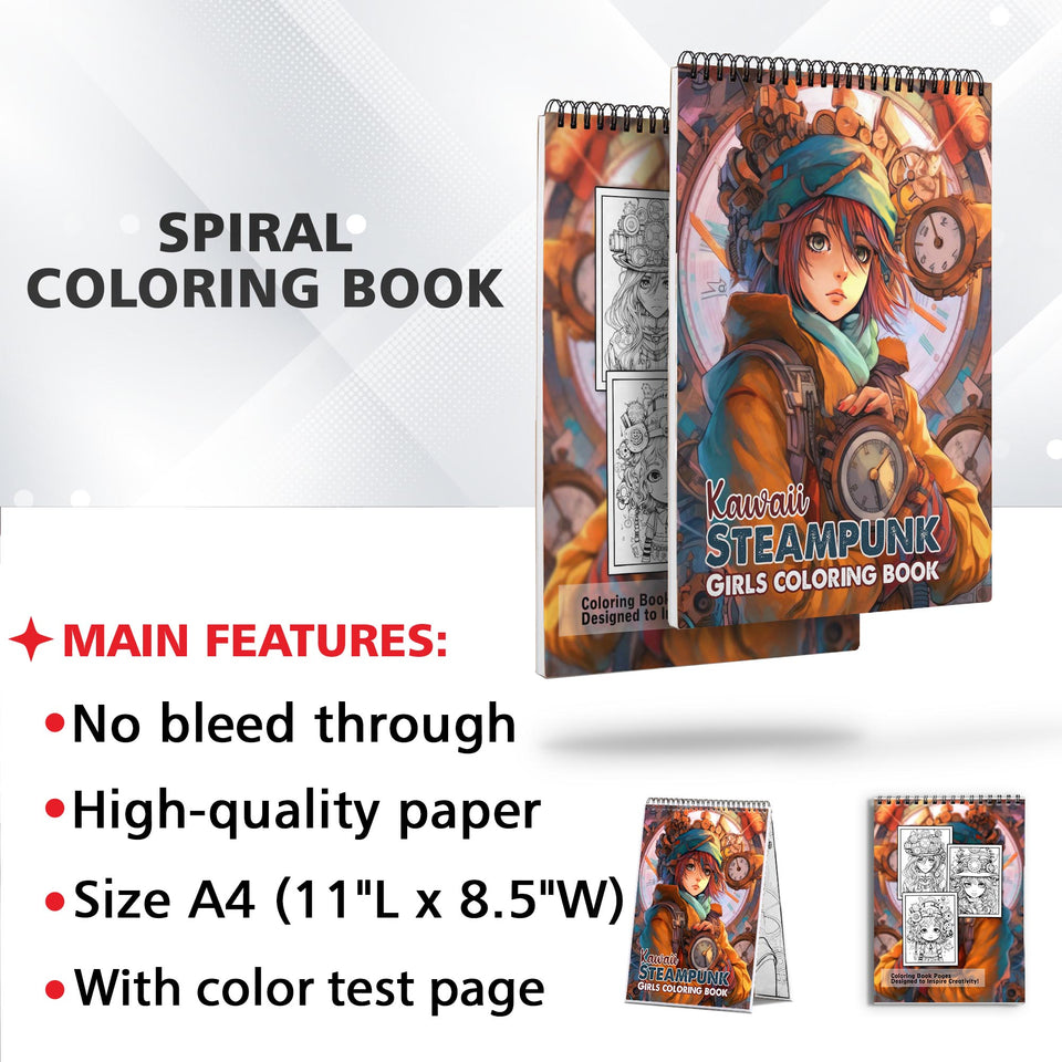 Kawaii Steampunk Girls Spiral Coloring Book: 30 Magical Coloring Pages, Depicting Cute Steampunk Girls Engaged in Mysterious and Imaginative Adventures