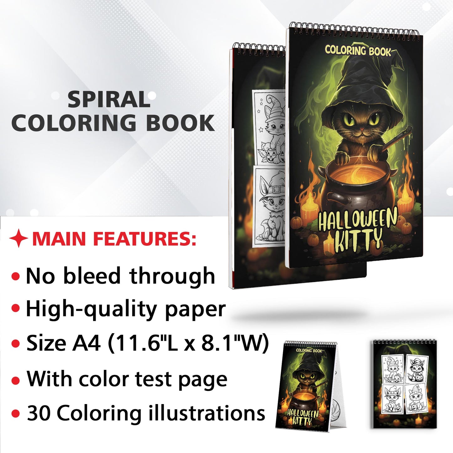 Halloween Kitty Spiral-Bound Coloring Book: 30 Artistic Coloring Pages Inspired by the Whimsy of Halloween Kitties. 