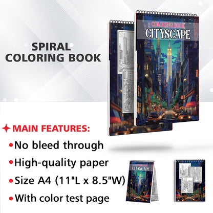 Cityscape Spiral-Bound Coloring Book: 30 Dynamic Coloring Pages of Bustling Cityscapes