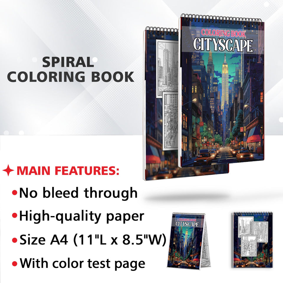 Cityscape Spiral-Bound Coloring Book: 30 Dynamic Coloring Pages of Bustling Cityscapes