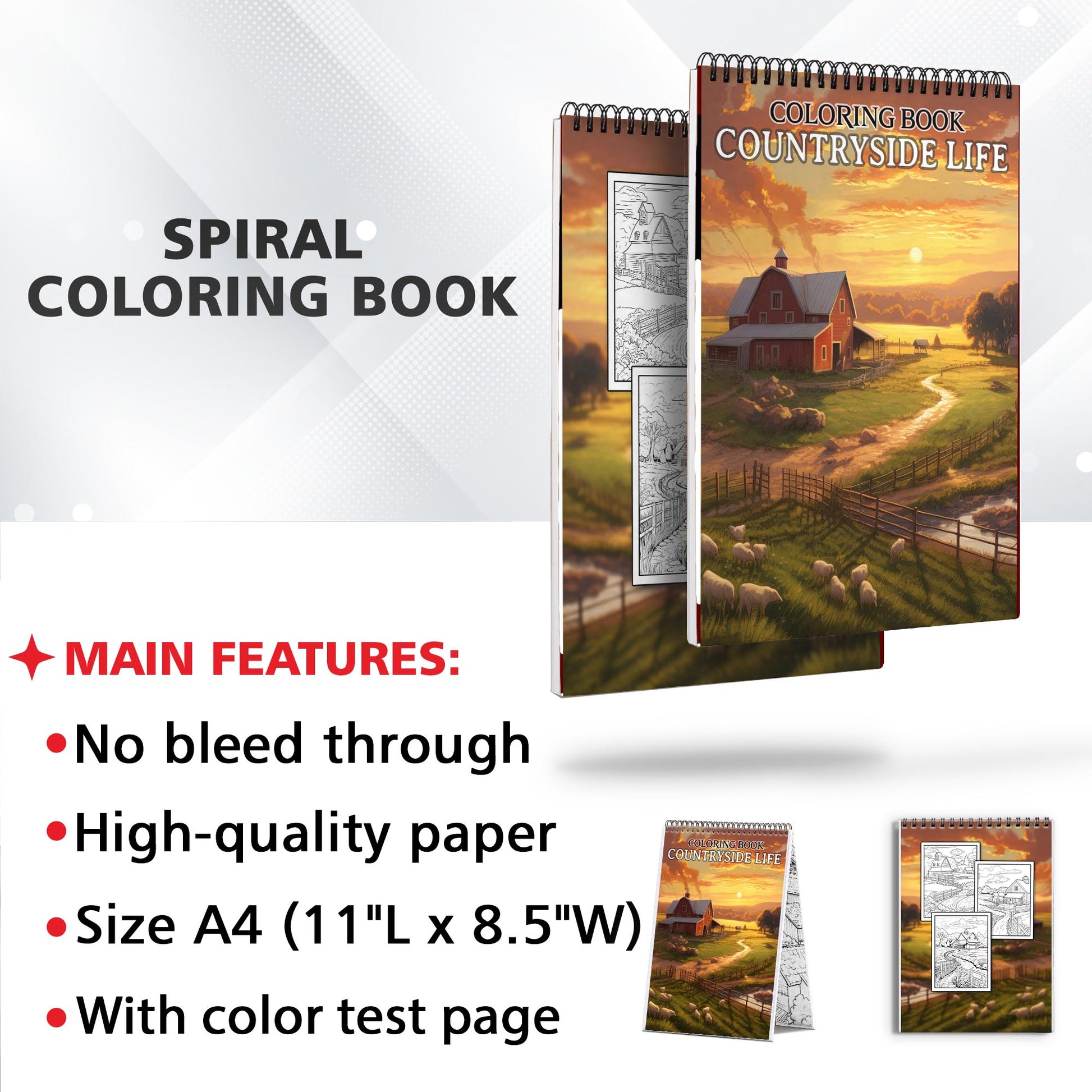 Countryside Life Spiral Coloring Book: 30 Exquisite Coloring Pages that Showcase the Scenic Landscapes and Charming Elements of Rural Life