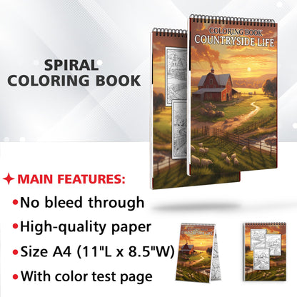 Countryside Life Spiral Coloring Book: 30 Exquisite Coloring Pages that Showcase the Scenic Landscapes and Charming Elements of Rural Life