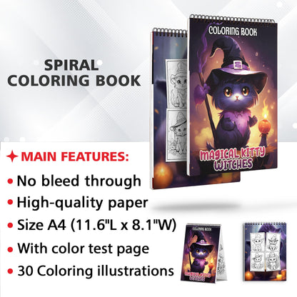 Magical Kitty Witches Spiral-Bound Coloring Book: 30 Captivating Coloring Scenes of Adorable Magical Kitty Witches 