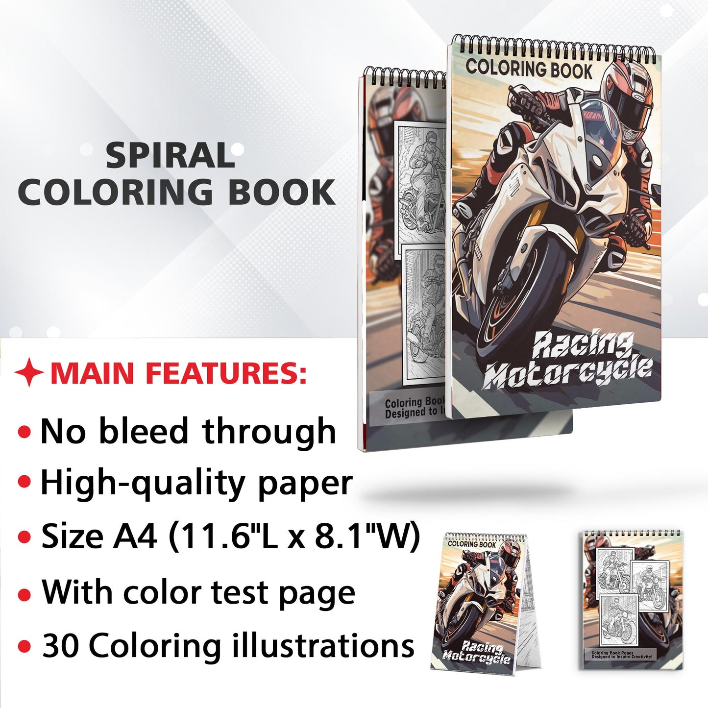 Racing Motorcycle Spiral Coloring Book: Indulge in 30 Whimsical Coloring Pages, Featuring Speedy Racing Motorcycles with Striking Designs