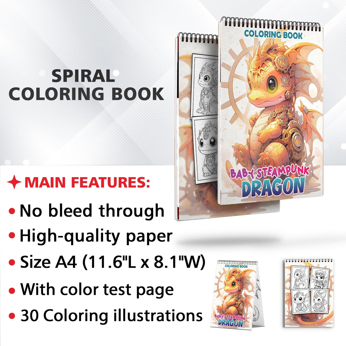 Baby Steampunk Dragon Spiral Bound Coloring Book: 30 Whimsical Coloring Pages of Baby Steampunk Dragons