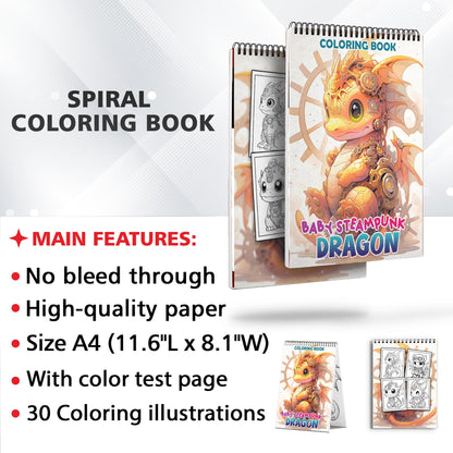 Baby Steampunk Dragon Spiral Bound Coloring Book: 30 Whimsical Coloring Pages of Baby Steampunk Dragons