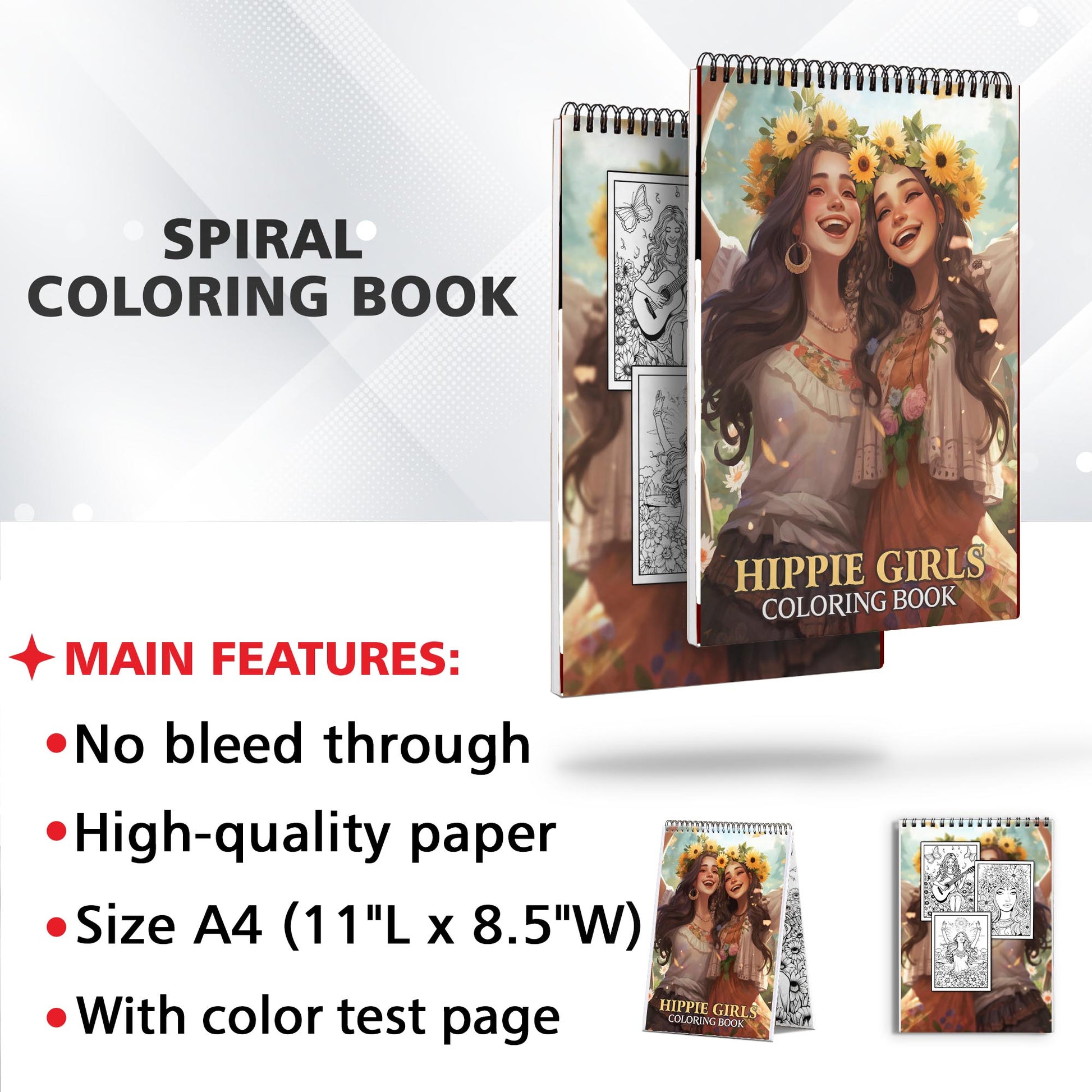 Hippie Girls Spiral Bound Coloring Book: 30 Whimsical Coloring Pages of Hippie Girls