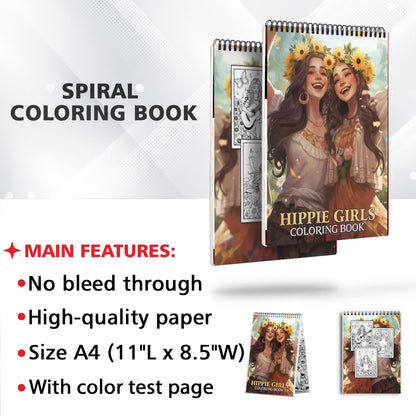Hippie Girls Spiral Bound Coloring Book: 30 Whimsical Coloring Pages of Hippie Girls