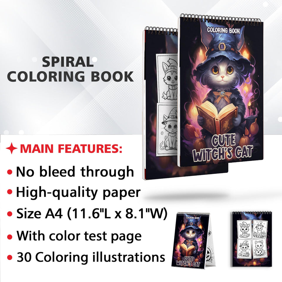 Cute Witch's Cat Spiral-Bound Coloring Book: 30 Charming Pages Filled with Enchanting Tales of Cute Witch's Cats