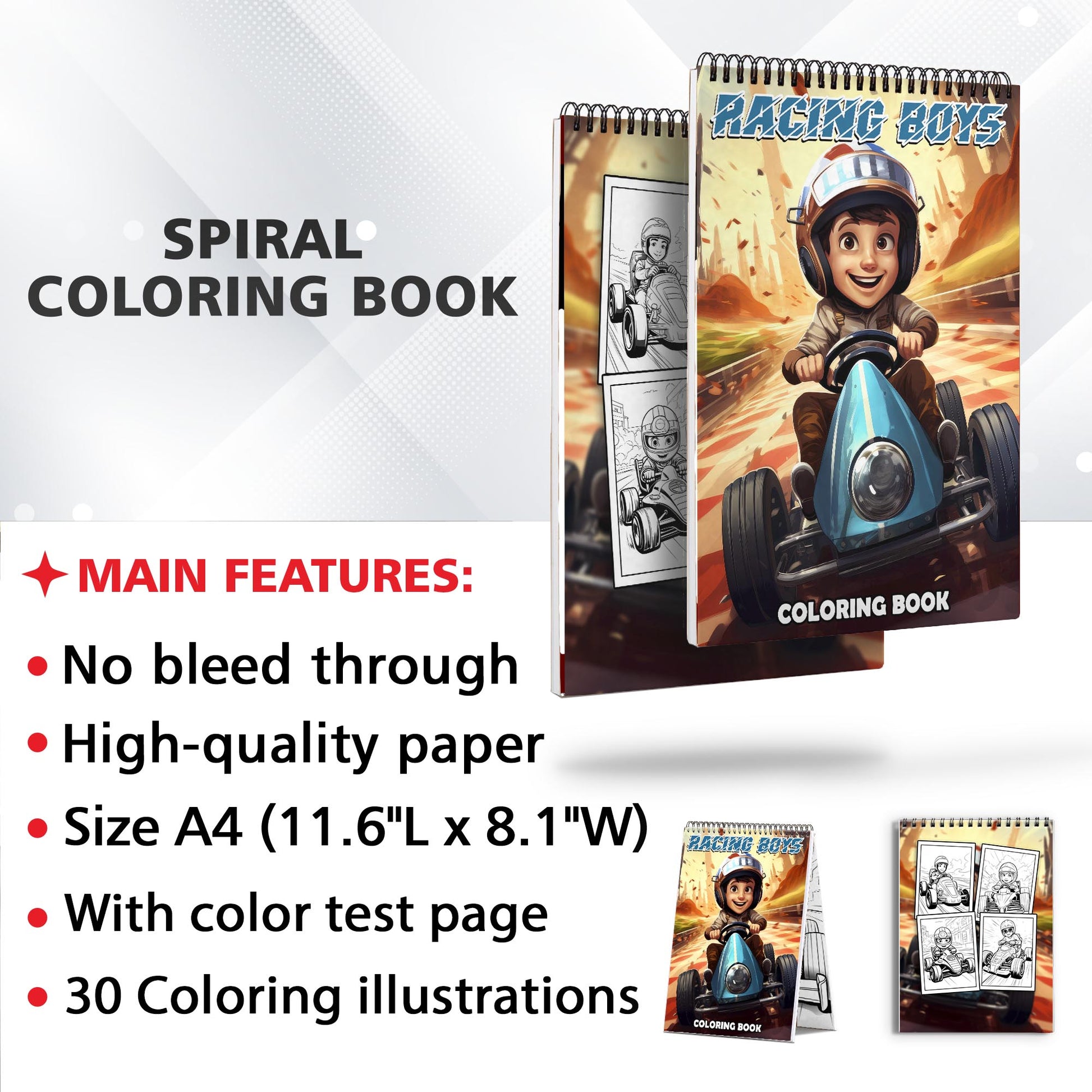 Racing Boys Spiral Bound Coloring Book: 30 Captivating Racing Boys Coloring Pages for an Adrenaline-Fueled Experience