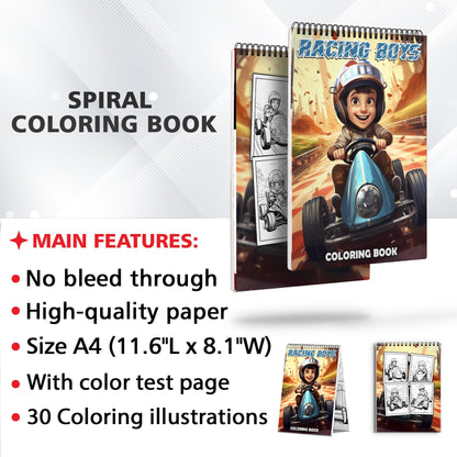 Racing Boys Spiral Bound Coloring Book: 30 Captivating Racing Boys Coloring Pages for an Adrenaline-Fueled Experience