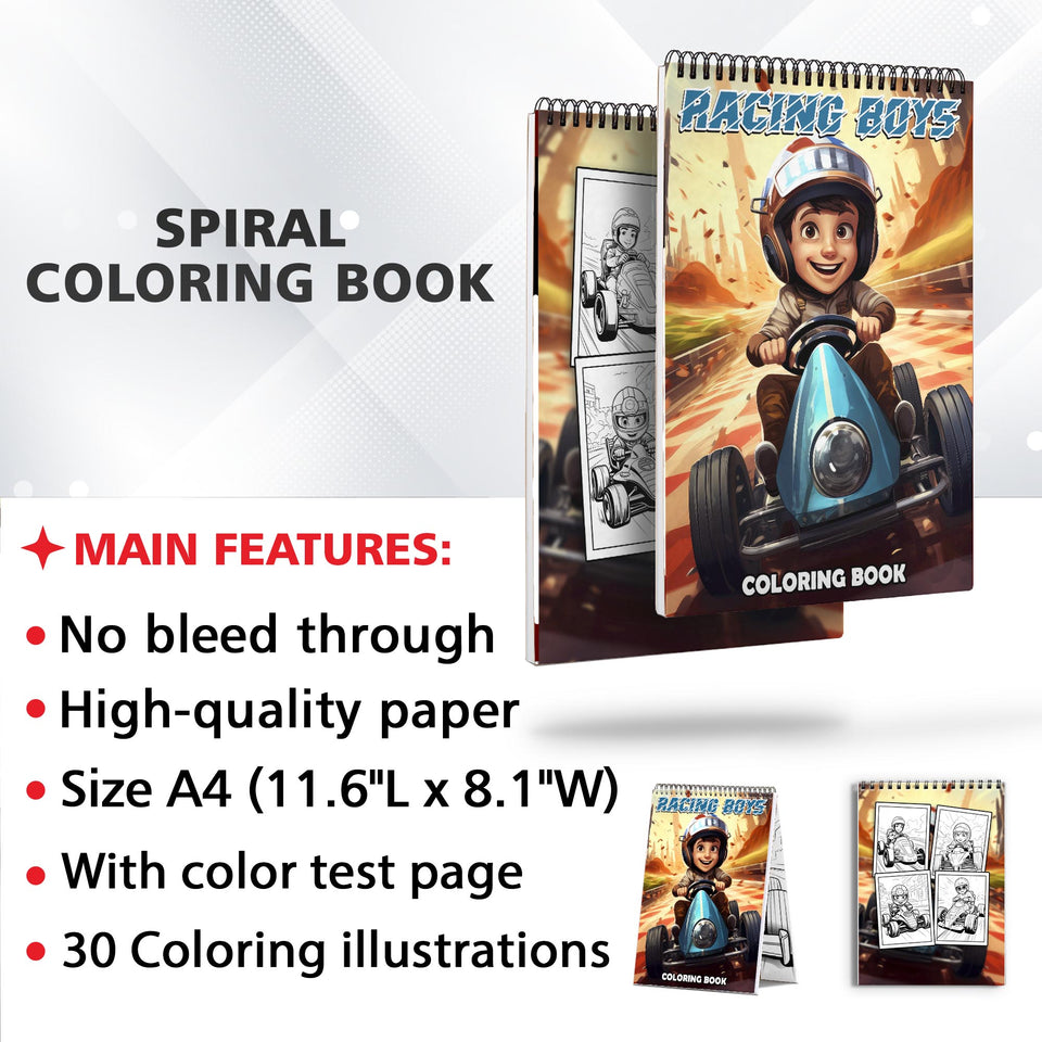 Racing Boys Spiral Bound Coloring Book: 30 Captivating Racing Boys Coloring Pages for an Adrenaline-Fueled Experience