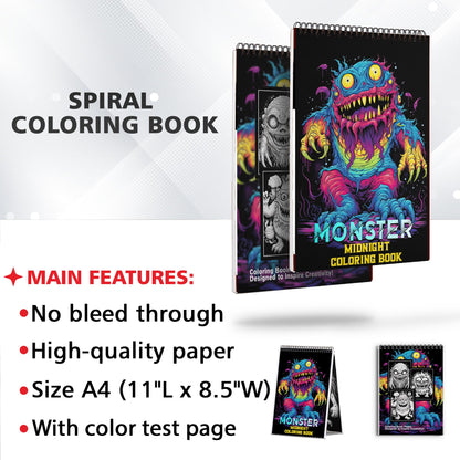 Midnight Monster Spiral Bound Coloring Book: Creepy Kawaii Monster Coloring Pages for Teen and Adults to Relax and Unwind