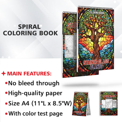 Stained Glass Plants Spiral Coloring Book: 30 Charming Coloring Pages for Coloring Enthusiasts to Embrace the Elegance and Translucency of Stained Glass Plant Illustrations