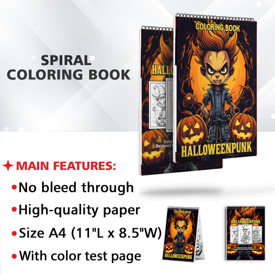 Halloweenpunk Spiral Coloring Book: 30 Coloring Pages, Fusing the Spookiness of Halloween with Punk Attitude