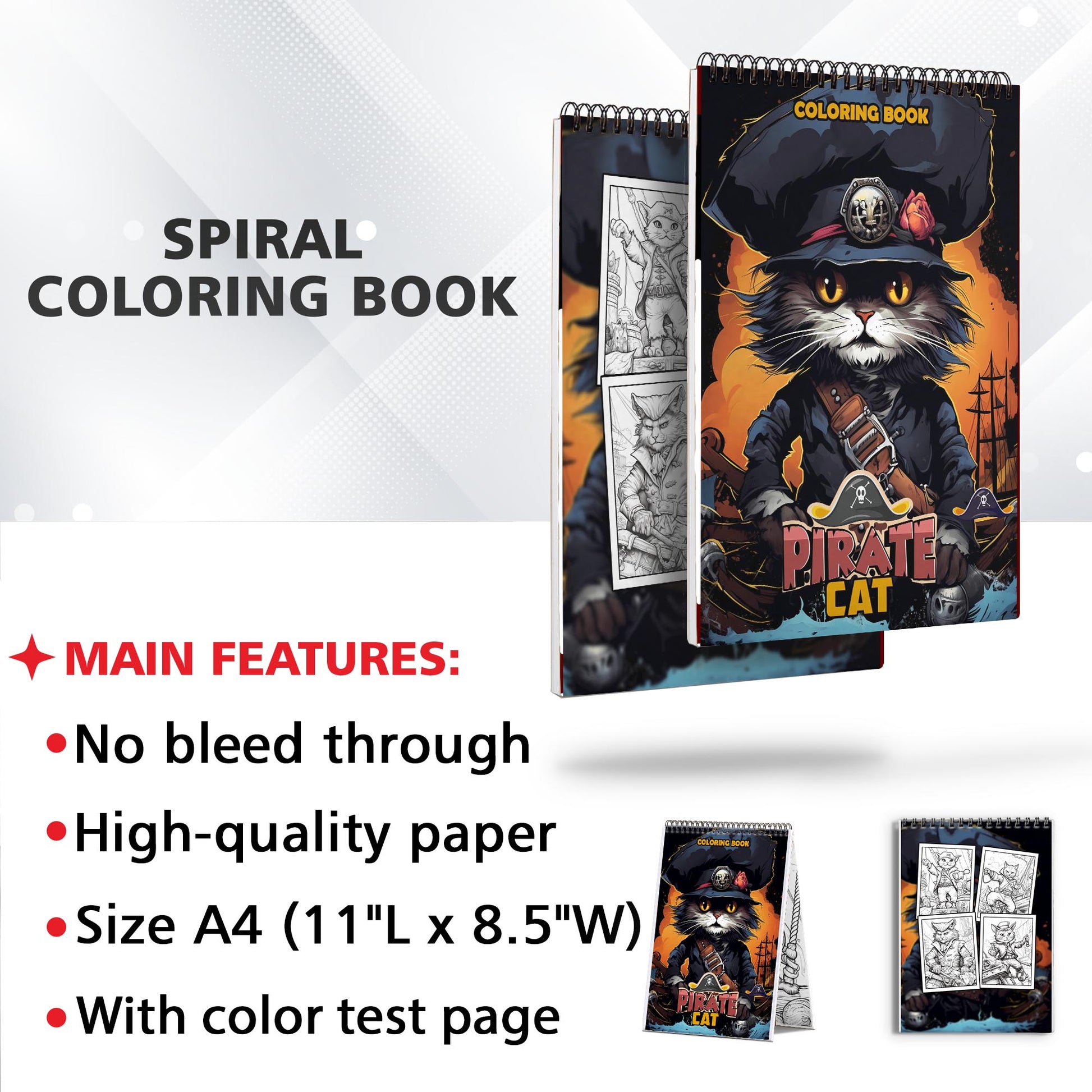 Pirate Cat Coloring Book (Grayscale) Spiral Bound Coloring Book: 30 Charming Pages for Coloring Enthusiasts to Embrace the Shadows, Textures, and Details of the Pirate Cat's Adventures