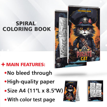 Pirate Cat Coloring Book (Grayscale) Spiral Bound Coloring Book: 30 Charming Pages for Coloring Enthusiasts to Embrace the Shadows, Textures, and Details of the Pirate Cat's Adventures