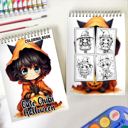 Cute Chibi Halloween Witchy Spiral-Bound Coloring Book: 30 Captivating Coloring Scenes of Cute Chibi Halloween Witches, Ready for Your Artistic Touch