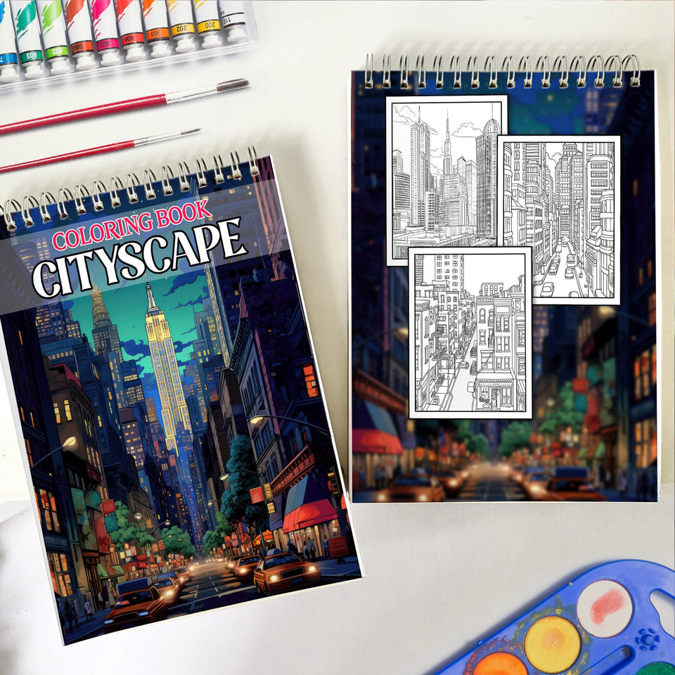 Cityscape Spiral-Bound Coloring Book: 30 Dynamic Coloring Pages of Bustling Cityscapes