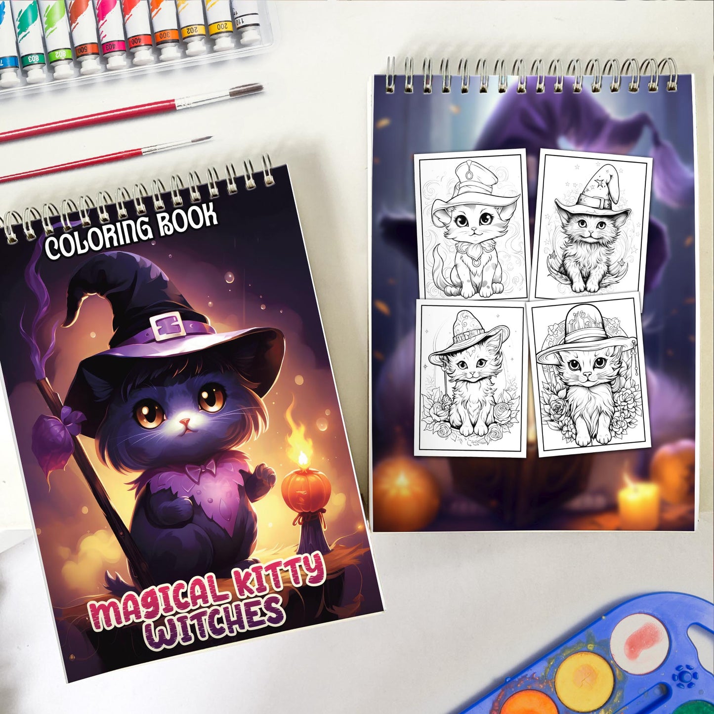 Magical Kitty Witches Spiral-Bound Coloring Book: 30 Captivating Coloring Scenes of Adorable Magical Kitty Witches 