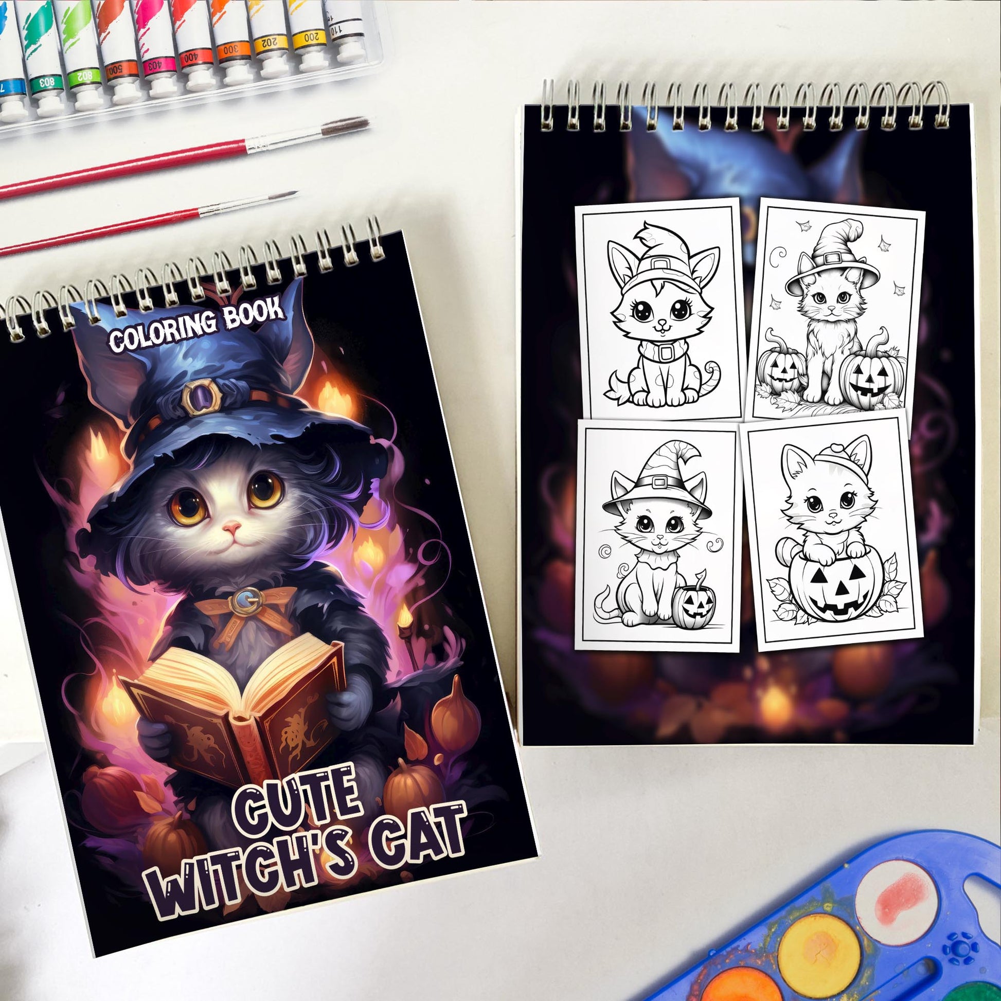 Cute Witch's Cat Spiral-Bound Coloring Book: 30 Charming Pages Filled with Enchanting Tales of Cute Witch's Cats