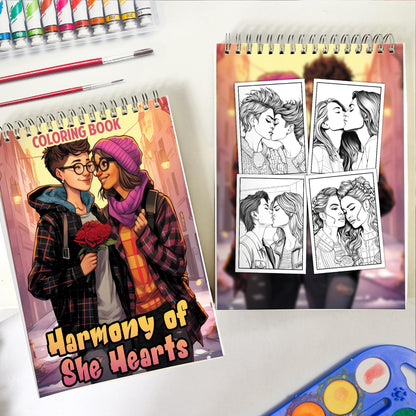 Harmony of She Hearts Spiral Bound Coloring Book: 30 Captivating Coloring Pages, Where Lesbian Couples Share Their Heartwarming Stories on Every Page.