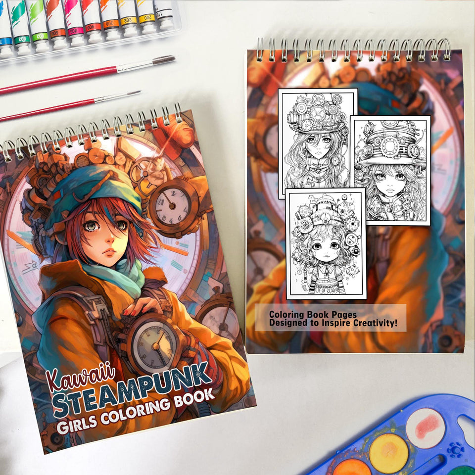 Kawaii Steampunk Girls Spiral Coloring Book: 30 Magical Coloring Pages, Depicting Cute Steampunk Girls Engaged in Mysterious and Imaginative Adventures