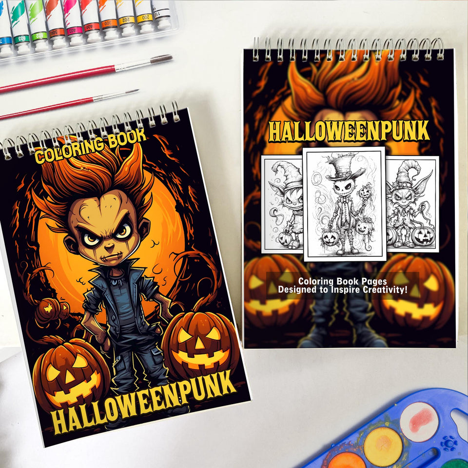 Halloweenpunk Spiral Coloring Book: 30 Coloring Pages, Fusing the Spookiness of Halloween with Punk Attitude