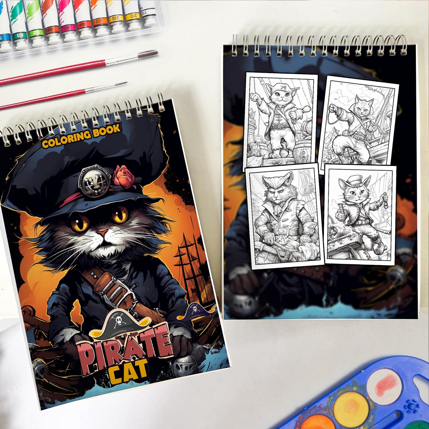 Pirate Cat Coloring Book (Grayscale) Spiral Bound Coloring Book: 30 Charming Pages for Coloring Enthusiasts to Embrace the Shadows, Textures, and Details of the Pirate Cat's Adventures