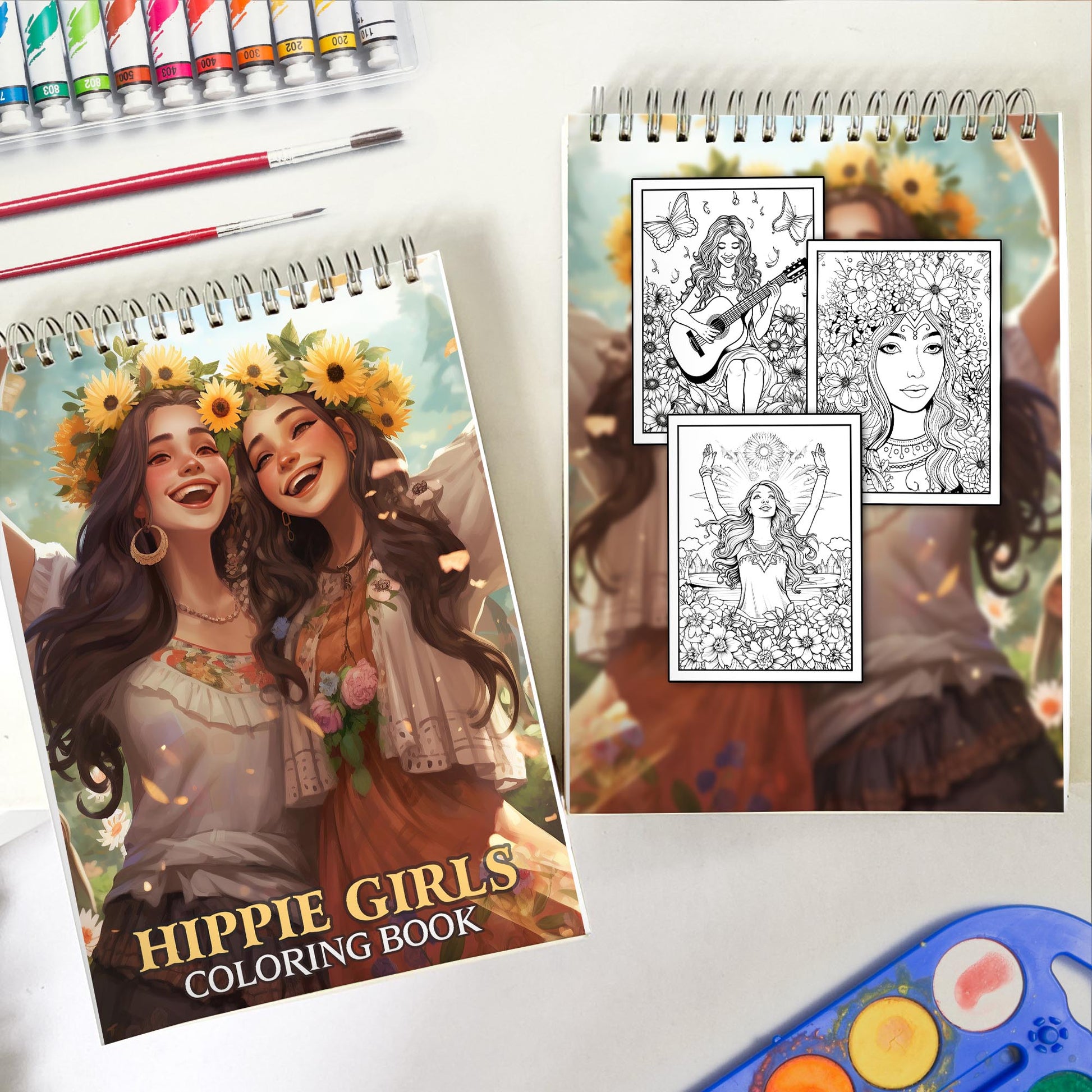 Hippie Girls Spiral Bound Coloring Book: 30 Whimsical Coloring Pages of Hippie Girls