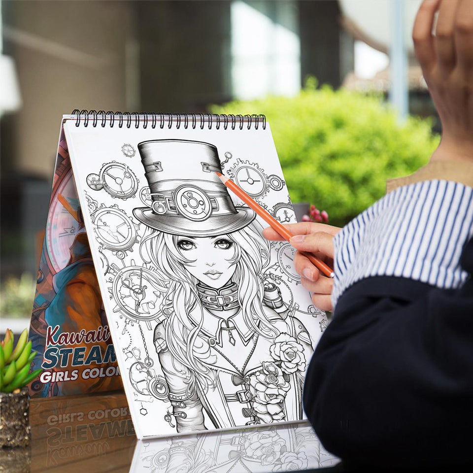 Kawaii Steampunk Girls Spiral Coloring Book: 30 Magical Coloring Pages, Depicting Cute Steampunk Girls Engaged in Mysterious and Imaginative Adventures