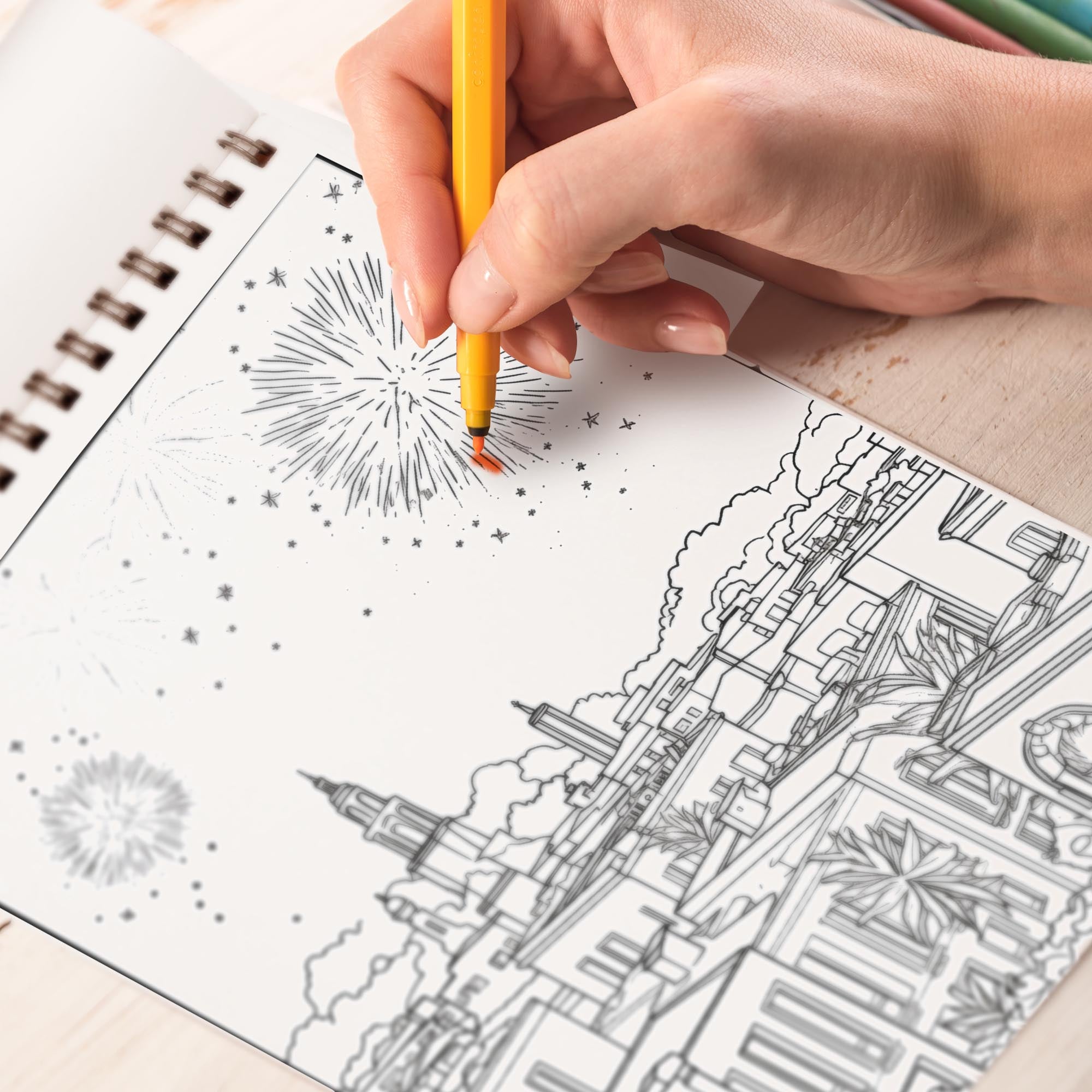 Cityscape Spiral-Bound Coloring Book: 30 Dynamic Coloring Pages of Bus ...