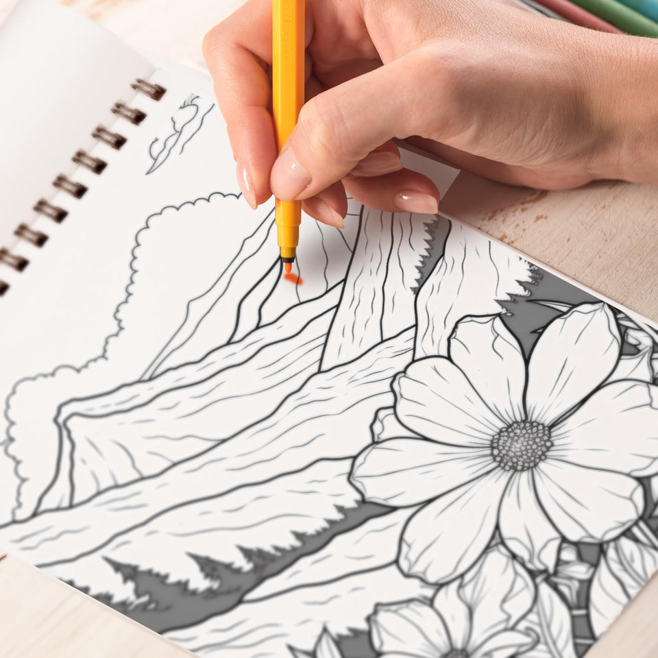 Flower In The Mountain Spiral-Bound Coloring Book: Explore 30 Intriguing Coloring Pages, Depicting Colorful Wildflowers Dancing in the Serene Mountain Meadows