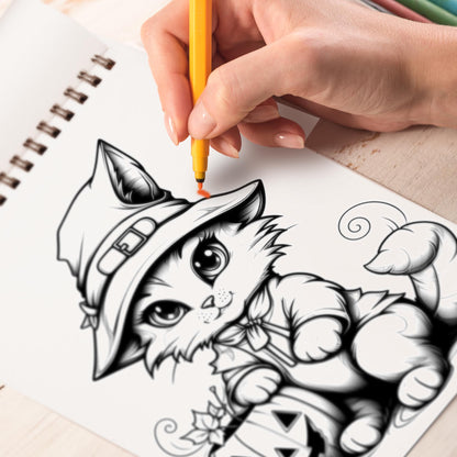 Cute Witch's Cat Spiral-Bound Coloring Book: 30 Charming Pages Filled with Enchanting Tales of Cute Witch's Cats