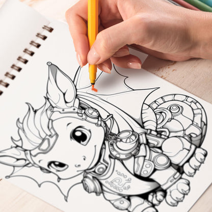 Baby Steampunk Dragon Spiral Bound Coloring Book: 30 Whimsical Coloring Pages of Baby Steampunk Dragons