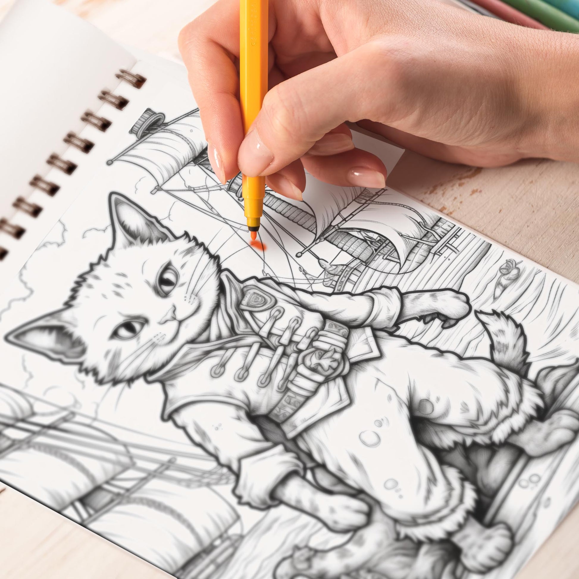 Pirate Cat Coloring Book (Grayscale) Spiral Bound Coloring Book: 30 Charming Pages for Coloring Enthusiasts to Embrace the Shadows, Textures, and Details of the Pirate Cat's Adventures