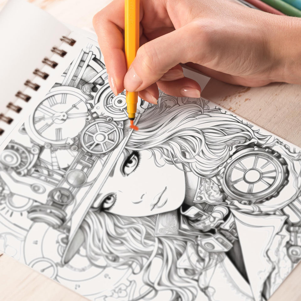 Kawaii Steampunk Girls Spiral Coloring Book: 30 Magical Coloring Pages, Depicting Cute Steampunk Girls Engaged in Mysterious and Imaginative Adventures