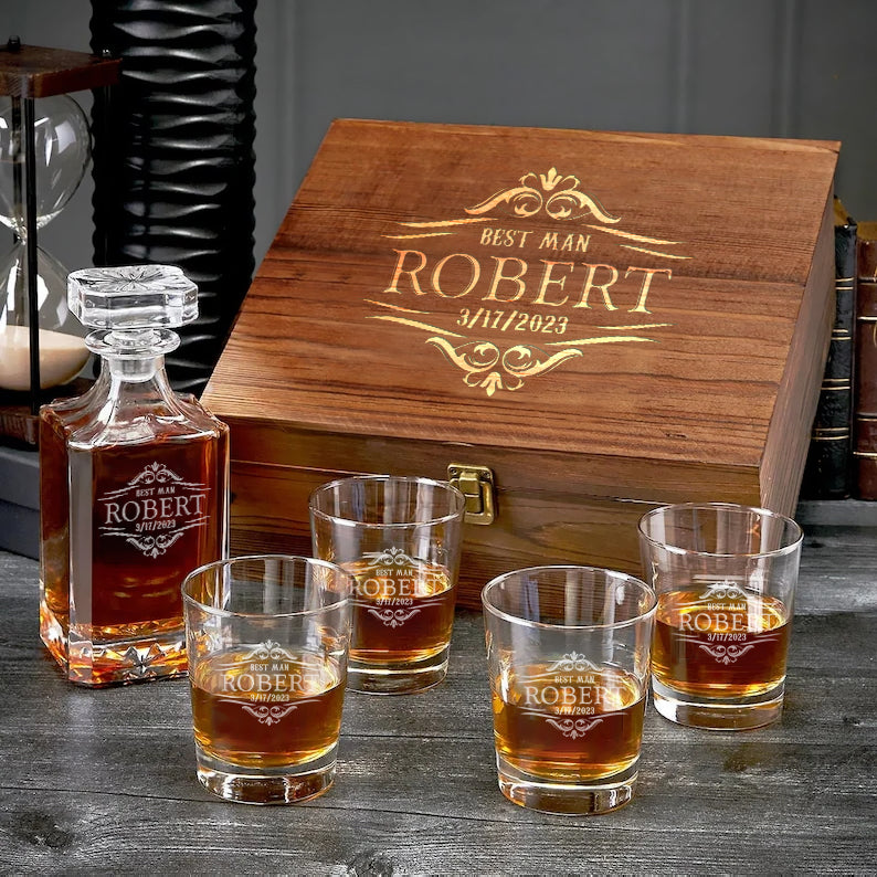 Personalised Engraved Decanter Set with wooden box, Premium gift for Best Man