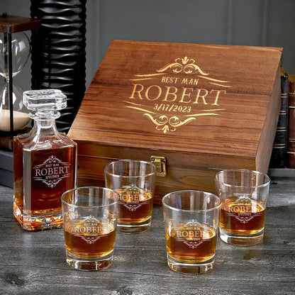 Personalised Engraved Decanter Set with wooden box, Premium gift for Best Man