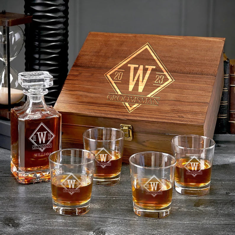 Personalised Engraved Decanter Set with wooden box, Premium gift for Best Man